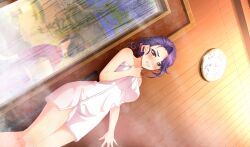 2girls black_hair cinderella_series clenched_teeth condensation dutch_angle game_cg hachigatsu_no_cinderella_nine hair_bun hair_ornament hair_up highres indoors izumida_kyouka japanese_clothes kimono long_hair multiple_girls naked_towel non-web_source official_alternate_hairstyle official_art orange_eyes purple_hair red_kimono sauna shy single_hair_bun solo_focus steam teeth thermometer towel wooden_wall