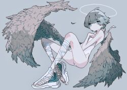 Rule 34 | 1girl, absurdres, angel, angel wings, dithering, feathered wings, gladiator sandals, grey background, grey hair, halo, highres, leotard, no mouth, no nose, original, pixel art, platform footwear, sandals, shadow, short hair, simple background, sivcha, solo, white leotard, wings