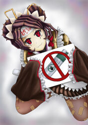 Rule 34 | 1girl, absurdres, antennae, apron, arthropod girl, brown kimono, brown pantyhose, closed mouth, commentary request, double bun, entoma vasilissa zeta, extra pupils, fangs, hair bun, headband, highres, holding, holding sign, insecticide, japanese clothes, kimono, kneeling, looking at viewer, looking up, maid, maid headdress, monster girl, no shoes, no symbol, ofuda, ofuda on clothes, overlord (maruyama), pantyhose, purple hair, red eyes, ringbell95, short hair, sign, simple background, skin fangs, sleeves past wrists, smile, socks, solo, white apron, white headband, white socks