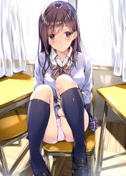 Rule 34 | 1girl, ass, backlighting, bad id, bad pixiv id, black footwear, black skirt, black socks, blush, bow, bowtie, breasts, brown eyes, brown hair, chair, classroom, collared shirt, commentary request, curtains, day, desk, grey sweater, highres, hugging own legs, indoors, kneehighs, knees up, kobayashi chisato, large breasts, loafers, long hair, long sleeves, looking at viewer, miniskirt, original, panties, parted lips, pink bow, pink bowtie, plaid, plaid skirt, school desk, school uniform, shirt, shoes, sitting, skirt, socks, solo, sweater, teeth, thighs, underwear, white panties, white shirt, window