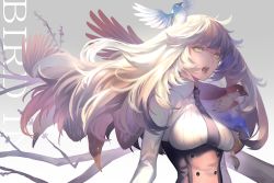 Rule 34 | 1girl, beak, bird, blonde hair, corset, long hair, looking at viewer, lor968, open mouth, simple background, solo, wings, yellow eyes