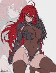 Rule 34 | 1girl, ahoge, arm armor, armor, armored leotard, artist name, bodystocking, boobplate, breastplate, breasts, brown thighhighs, cleavage, closed mouth, covered navel, gluteal fold, goddess of victory: nikke, hair between eyes, highres, kneeling, large breasts, long hair, looking at viewer, nihilister (nikke), red eyes, red hair, see-through, see-through cleavage, sivarkart, sketch, smile, solo, thighhighs, torn bodystocking, torn clothes, zoom layer