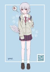 Rule 34 | 1girl, alternate costume, angel wings, arm at side, arm up, arrow print, artist name, bag, blush, braid, brown footwear, clothes writing, collared shirt, commentary request, english text, feathered wings, fingernails, floral background, french braid, grey jacket, highres, holding, holding phone, hood, hoodie, jacket, kishin sagume, knees, blue background, loafers, long sleeves, looking at viewer, low wings, microskirt, necktie, open mouth, parted lips, patterned clothing, phone, pleated skirt, pocket, qr code, red eyes, red necktie, school uniform, shirt, shoes, short hair, silver hair, single wing, skirt, sleeves past fingers, sleeves past wrists, squiggle, standing, thought bubble, touhou, wing collar, wings, yonoisan, zipper pull tab