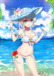 Rule 34 | 10s, 1girl, beach, bikini, blue eyes, blush, bottle, breasts, day, flower, hair ornament, hat, hibiscus, highres, isy, looking at viewer, love live!, love live! school idol festival, love live! sunshine!!, multi-strapped bikini bottom, navel, open mouth, ramune, short hair, silver hair, smile, solo, standing, sun hat, swimsuit, watanabe you