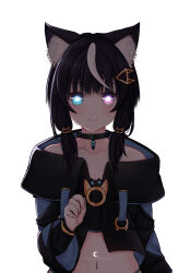 Rule 34 | 1girl, animal ear fluff, animal ears, artist name, bare shoulders, black hair, black jacket, blue eyes, breasts, cleavage, collarbone, commentary, copyright request, crop top, cropped jacket, drawstring, english commentary, hand up, heterochromia, highres, jacket, lawnielle, long hair, long sleeves, looking at viewer, navel, open clothes, open jacket, purple eyes, simple background, small breasts, solo, upper body, virtual youtuber, white background, wide sleeves