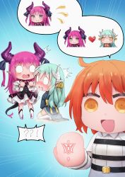 Rule 34 | !?, 3girls, absurdres, aqua hair, back bow, belt, black dress, black ribbon, blue background, blue kimono, blush, boots, bow, breath, chibi, closed mouth, collared dress, command spell, diamond (shape), dragon girl, dragon tail, dress, elizabeth bathory (fate), elizabeth bathory (fate/extra ccc), elizabeth bathory (first ascension) (fate), embarrassed, emphasis lines, fate/extra, fate/extra ccc, fate/grand order, fate (series), female focus, flat chest, frilled sleeves, frills, fujimaru ritsuka (female), full body, gradient background, hair ornament, hand up, hands up, happy, heart, highres, horn ornament, horn ribbon, horns, japanese clothes, kimono, kiyohime (fate), knee boots, kneeling, long hair, long sleeves, looking at another, looking back, multiple girls, nose blush, o o, obi, open mouth, orange eyes, orange hair, pee, peeing, peeing self, pink hair, pointy ears, puddle, purple horns, ribbon, rune (dualhart), sash, short hair, sidelocks, simple background, smile, solid circle eyes, speech bubble, split mouth, spoken interrobang, standing, steam, tail, thighhighs, white dress, white eyes, white footwear, white horns, white legwear, yellow bow