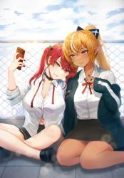Rule 34 | 2girls, bare legs, black footwear, black skirt, blonde hair, blue jacket, blue nails, bow, breasts, chain-link fence, closed mouth, collared shirt, dark-skinned female, dark skin, dress shirt, earrings, elf, fence, hair bow, head tilt, highres, holding, holding another&#039;s arm, holding phone, hololive, houshou marine, indian style, jacket, jewelry, large breasts, long hair, long sleeves, multicolored hair, multiple girls, nail polish, neck ribbon, noixen, open clothes, open jacket, open mouth, outdoors, partially unbuttoned, phone, pleated skirt, pointy ears, ponytail, red eyes, red nails, red ribbon, ribbon, selfie, shiranui flare, shirt, shoes, signature, sitting, skirt, smile, streaked hair, twintails, virtual youtuber, white hair, white shirt, yellow eyes