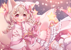 Rule 34 | 1girl, animal ears, blonde hair, blush, bow, braid, cat ears, commentary, commission, hair bow, hanamura lily, highres, japanese clothes, kimono, mata, open mouth, original, pink bow, pink footwear, pink kimono, pink nails, purple eyes, short kimono, skeb commission, smile, solo, star (symbol), star in eye, symbol-only commentary, symbol in eye, thighhighs, twin braids, white thighhighs, wide sleeves