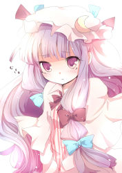 Rule 34 | 1girl, :&lt;, absurdres, bloom, blush, bow, crescent, female focus, hair bow, hat, heart, highres, karunabaru, long hair, mukyuu, patchouli knowledge, purple hair, ribbon, robe, solo, striped, symbol-shaped pupils, touhou, upper body