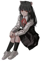 Rule 34 | 1girl, animal ears, black hair, cat ears, chainsaw man, highres, kneehighs, long hair, orange eyes, pleated skirt, ringed eyes, scar, scar on face, school uniform, shiren (ourboy83), shoes, simple background, sitting, skirt, sneakers, socks, solo, white background, yoru (chainsaw man)