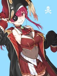 Rule 34 | arrow through heart, ascot, black thighhighs, blue background, breasts, cleavage, gold trim, haimura kiyotaka, hat, heterochromia, highres, hololive, houshou marine, large breasts, leotard, leotard under clothes, long hair, pirate, pirate hat, red ascot, red eyes, red hair, see-through, see-through cleavage, see-through leotard, simple background, thighhighs, twintails, virtual youtuber