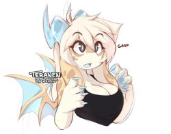 Rule 34 | 1girl, blue eyes, blue tongue, breasts, cleavage, collarbone, colored tongue, furry, furry female, horns, large breasts, long hair, looking at viewer, nami (teranen), original, solo, tank top, teranen, tongue, upper body, wings