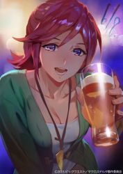 Rule 34 | 10s, 1girl, alcohol, beer, blue eyes, breasts, close-up, jewelry, kaname buccaneer, leaning forward, macross, macross delta, medium breasts, mita chisato, official art, pendant, red hair, short hair, smile