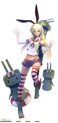 Rule 34 | 10s, 1girl, anchor hair ornament, blonde hair, blue skirt, character name, elbow gloves, full body, gloves, hair ornament, hairband, highres, jian jiao doufu rou mantou, kantai collection, lifebuoy, long hair, looking at viewer, microskirt, midriff, navel, neckerchief, parted lips, pleated skirt, rensouhou-chan, school uniform, serafuku, shimakaze (kancolle), shirt, simple background, skirt, sleeveless, sleeveless shirt, solo, striped clothes, striped thighhighs, swim ring, thighhighs, white background, white gloves, yellow eyes