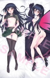 1girl accel_world ass bed_sheet black_footwear black_gloves black_hair black_pantyhose blush breasts butterfly_wings censored clothes_lift clothes_pull collared_shirt dakimakura_(medium) elbow_gloves from_above full_body gloves gluteal_fold green_skirt grey_shirt hairband heart heart_censor high_heels highres insect_wings kuroyukihime lifting_own_clothes lolita_hairband long_hair looking_at_viewer lying miniskirt navel nipples nude on_back on_side open_mouth pantyhose pantyhose_pull pleated_skirt pumps red_eyes red_wings sample_watermark school_uniform shirt shirt_lift short_sleeves skirt skirt_lift small_breasts solo straight_hair taro_(ultrataro) thigh_gap umesato_middle_school_uniform very_long_hair watermark wing_collar wings