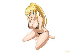 Rule 34 | 1girl, :d, animal print, bare arms, bare legs, barefoot, between legs, bikini, blonde hair, blush, braid, breasts, brown bikini, collarbone, covering privates, covering breasts, full body, green eyes, hair between eyes, hand between legs, highres, large breasts, leafa, leaning forward, long hair, mysteryctu, open mouth, ponytail, print bikini, signature, simple background, sitting, smile, solo, swimsuit, sword art online, tiger print, twin braids, very long hair, wariza, white background