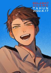 Rule 34 | 1boy, :d, axis powers hetalia, birthday, blue sky, blush, brown hair, collared shirt, dated, fangs, grey shirt, happy, highres, indonesia (hetalia), indonesian text, looking at viewer, lower teeth only, male focus, mi kan1609, open mouth, shirt, short hair, shoulder pads, sky, smile, solo, teeth, upper body, yellow eyes