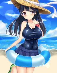 Rule 34 | 10s, 1girl, beach, black hair, blush, breasts, female focus, hat, innertube, kantai collection, large breasts, long hair, one-piece swimsuit, smile, solo, straw hat, swim ring, swimsuit, ushio (kancolle), yahiro (anhnw)