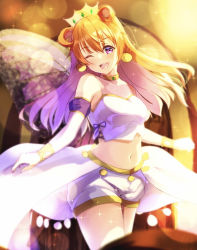 Rule 34 | 1girl, ;), artist name, artist request, bare legs, beamed quavers, blush, bracelet, breasts, brown hair, butterfly (love live!), butterfly wings, choker, cleavage, clothing cutout, collarbone, cropped shirt, crown, detached sleeves, double bun, dress, dress shirt, earrings, female focus, gold bracelet, hair between eyes, hair bun, hair rings, harem outfit, insect wings, jewelry, konoe kanata, long hair, looking at viewer, love live!, love live! nijigasaki high school idol club, love live! school idol festival, medium breasts, navel, one eye closed, parted lips, puffy short sleeves, puffy sleeves, purple eyes, purple ribbon, purple shirt, purple shorts, quaver, ribbon, shirt, short sleeves, shorts, shoulder cutout, smile, solo, sparkle, two side up, wings, wink, yellow bracelet, yellow choker