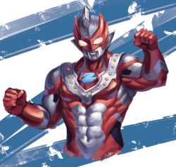 Rule 34 | 1boy, alien, clenched hands, color timer, colored skin, covered navel, flexing, gloves, looking at viewer, male focus, muscular, ranma (kamenrideroz), red gloves, red skin, solo, tokusatsu, ultra series, ultraman z, ultraman z (series), yellow eyes