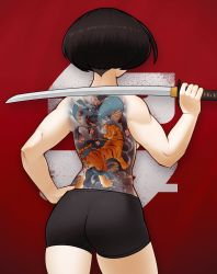 Rule 34 | 1girl, ass, back, back focus, bare back, biceps, bike shorts, black hair, black shorts, d-floe, facing away, from behind, highres, holding, holding sword, holding weapon, katana, muscular, muscular female, original, short hair, short shorts, shorts, solo, sword, sword behind back, tattoo, topless, weapon