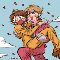 Rule 34 | 2girls, alternate costume, alternate hair length, alternate hairstyle, blonde hair, blue eyes, blue necktie, blush, brown hair, carrying, cloud, commentary, crown, english commentary, formal, gloves, jacket, long sleeves, mario (series), milsae, multiple girls, necktie, nintendo, open mouth, pants, pink jacket, pink pants, pink suit, princess carry, princess daisy, princess peach, short hair, signature, smile, suit, tears, white gloves, yellow jacket, yellow pants, yellow suit