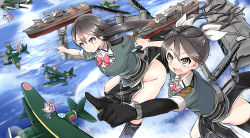 Rule 34 | 10s, 2girls, bow, brown hair, chikuma (kancolle), day, elbow gloves, fairy (kancolle), gloves, goggles, goggles on head, hair bow, hair ribbon, kantai collection, long hair, multiple girls, no panties, ocean, pelvic curtain, personification, pointing, ribbon, single elbow glove, sky, sukage, sun, tone (kancolle), twintails, type 0 observation seaplane, type 0 reconnaissance seaplane, zuiun (kancolle)
