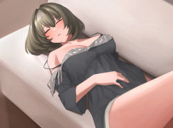 Rule 34 | 1girl, bare legs, bare shoulders, black dress, breasts, brown hair, cleavage, commentary request, couch, dress, facing to the side, facing viewer, from side, highres, idolmaster, idolmaster cinderella girls, indoors, leg up, legs, lying, medium breasts, mole, mole under eye, off shoulder, on back, on couch, senju (snz0), short hair, sleeping, solo, strap slip, takagaki kaede
