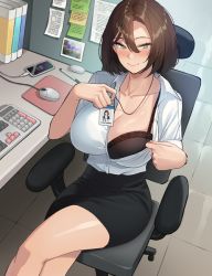 Rule 34 | 1girl, black bra, black skirt, blinders, blush, bra, breasts, brown hair, cellphone, chair, charging device, cleavage, collarbone, collared shirt, crossed legs, desk, dress shirt, eraser, from above, green eyes, grin, hair between eyes, id card, jagaimo (kkamja), jung yujin (jagaimo (kkamja)), keyboard (computer), lanyard, large breasts, medium hair, mouse (computer), mousepad (object), office, office chair, office lady, open clothes, open shirt, original, pencil, pencil skirt, phone, shirt, sitting, skirt, smartphone, smile, sticky note, swivel chair, thighs, tile floor, tiles, unbuttoned, unbuttoned shirt, underwear, watch, white shirt