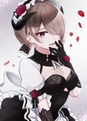 Rule 34 | 1girl, :d, absurdres, apron, asymmetrical gloves, black gloves, brown hair, elbow gloves, flower, gloves, hair flower, hair ornament, hair over one eye, highres, honkai (series), honkai impact 3rd, looking at viewer, maid, maid apron, maid headdress, mole, mole under eye, open mouth, petals, purple eyes, purple flower, purple rose, rita rossweisse, rita rossweisse (umbral rose), rose, shiki (shiki1230), short hair, short sleeves, smile, solo, uneven gloves
