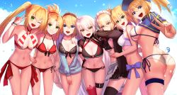 Rule 34 | 6+girls, ahoge, apron, arm on another&#039;s shoulder, artoria pendragon (alter swimsuit rider) (fate), artoria pendragon (alter swimsuit rider) (second ascension) (fate), artoria pendragon (fate), artoria pendragon (swimsuit archer) (fate), artoria pendragon (swimsuit archer) (first ascension) (fate), ass, baseball cap, bead bracelet, beads, bikini, bikini top only, black bikini, black choker, black gloves, black hairband, black jacket, blonde hair, blue eyes, blue headwear, blue jacket, blush, bracelet, braid, breasts, bridal garter, choker, cleavage, commentary request, criss-cross halter, cropped jacket, day, dolce (dolsuke), dual persona, earrings, fate/grand order, fate (series), french braid, frilled apron, frilled bikini, frilled bikini top, frills, from behind, from side, front-tie bikini top, front-tie top, gloves, green eyes, hair between eyes, hair ornament, hair scrunchie, hair through headwear, hairband, halterneck, hand on own hip, hat, highleg, highleg swimsuit, highres, hood, hooded jacket, hoodie, jacket, jeanne d&#039;arc alter (swimsuit berserker) (fate), jeanne d&#039;arc (fate), jeanne d&#039;arc (ruler) (fate), jeanne d&#039;arc (swimsuit archer) (fate), jeanne d&#039;arc (swimsuit archer) (first ascension) (fate), jeanne d&#039;arc alter (fate), jeanne d&#039;arc alter (swimsuit berserker) (fate), jewelry, leaning forward, long braid, long hair, long sleeves, looking at viewer, maid, maid bikini, maid headdress, medium breasts, midriff, mordred (fate), mordred (fate) (all), mordred (fate/apocrypha), mordred (swimsuit rider) (fate), mordred (swimsuit rider) (first ascension) (fate), multiple girls, mysterious heroine x (fate), mysterious heroine xx (fate), navel, nero claudius (fate), nero claudius (fate) (all), nero claudius (swimsuit caster) (fate), o-ring, o-ring bikini, o-ring bottom, o-ring top, one eye closed, open clothes, open hoodie, open jacket, open mouth, ponytail, red bikini, red legwear, red scrunchie, scrunchie, shrug (clothing), side-tie bikini bottom, sideboob, silver hair, single braid, single thighhigh, sky, smile, standing, stomach, string bikini, striped bikini, striped clothes, swimsuit, thigh gap, thigh strap, thighhighs, thighs, trait connection, tsurime, twintails, unconventional maid, underboob, unzipped, v, very long hair, waist apron, white apron, white bikini, yellow eyes
