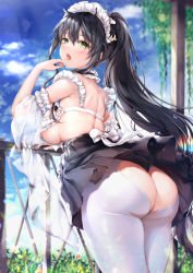 Rule 34 | 1girl, ass, ass cutout, azur lane, back, bare shoulders, black hair, black skirt, blurry, breasts, chiyingzai, choker, clothing cutout, cowboy shot, depth of field, detached sleeves, frilled choker, frills, from behind, green eyes, heart cutout, highres, indomitable (azur lane), indomitable (ms. motivationless maid) (azur lane), large breasts, leaning forward, licking, licking finger, long hair, looking at viewer, looking back, maid, maid headdress, miniskirt, official alternate costume, open mouth, outdoors, pantyhose, pleated skirt, ponytail, revealing clothes, see-through, see-through sleeves, skirt, solo, standing, tongue, tongue out, underboob, white pantyhose