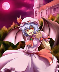 Rule 34 | 1girl, bat wings, building, female focus, moon, nature, outdoors, red moon, remilia scarlet, scarlet devil mansion, seven star, sky, solo, touhou, wings