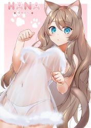 Rule 34 | 1girl, animal ear fluff, animal ears, artist request, bare shoulders, blush, border, breasts, brown hair, cat ears, cat girl, cat tail, character name, cowboy shot, crotch, earrings, fluffy, green eyes, hair ornament, heart, heart hair ornament, highres, indie virtual youtuber, jewelry, long hair, medium breasts, navel, open mouth, outside border, panties, paw pose, paw print, sakurai hana, second-party source, solo, swept bangs, tail, transparent, underboob, underwear, very long hair, virtual youtuber, white border, white panties