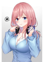 Rule 34 | 1girl, blue cardigan, blue eyes, blush, breasts, buttons, caba (caba091), cardigan, cleavage, closed mouth, collarbone, collared shirt, go-toubun no hanayome, gradient background, hair between eyes, hands up, headphones, headphones around neck, large breasts, long hair, long sleeves, looking at viewer, nakano miku, pink hair, school uniform, shirt, sidelocks, solo, spoken squiggle, squiggle, tears, twitter username, upper body, white shirt