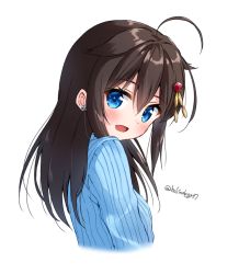 Rule 34 | 1girl, :d, ahoge, alternate hairstyle, bad id, bad pixiv id, black hair, blue eyes, blue sweater, blush, cropped torso, earrings, flower earrings, from side, hair down, hair flaps, hair ornament, hoshino kagari, jewelry, kantai collection, long hair, looking at viewer, looking to the side, open mouth, shigure (kancolle), shigure kai ni (kancolle), smile, solo, sweater, twitter username