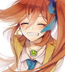 Rule 34 | 1girl, ace attorney, athena cykes, bad id, bad pixiv id, brown hair, earrings, closed eyes, hair between eyes, hair ribbon, inseki tarou, jewelry, long hair, necklace, necktie, phoenix wright: ace attorney - dual destinies, ribbon, side ponytail, smile, solo