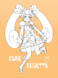 Rule 34 | 1girl, :d, bad id, bad pixiv id, boots, bow, brooch, character name, cure rosetta, dokidoki! precure, full body, heart, heart brooch, ichihara2929, jewelry, monochrome, open mouth, orange background, outstretched hand, precure, simple background, smile, solo, twintails, waist bow, yotsuba alice