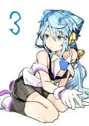 Rule 34 | 1boy, bare shoulders, bike shorts, blue eyes, blue hair, detached collar, detached sleeves, gloves, hacka doll, hacka doll 3, hair between eyes, headgear, highres, hiranko, long hair, looking to the side, male focus, shoes, simple background, sitting, solo, spaghetti strap, trap, white background, white gloves