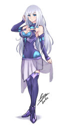 Rule 34 | 1girl, absurdres, airisubaka, ankle boots, bare shoulders, blue eyes, boots, breasts, cleavage, covered navel, detached sleeves, full body, grey hair, high heel boots, high heels, highres, light persona, long hair, looking at viewer, magiquone, medium breasts, neptune (series), signature, simple background, skirt, solo, spoilers, thighhighs, white background