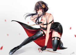 Rule 34 | 1girl, absurdres, bare shoulders, black dress, black gloves, black hair, black panties, blood, blood on arm, blood on breasts, blood on clothes, blood on face, blood stain, bloody weapon, blush, boots, breasts, cleavage, collarbone, dagger, dress, dual wielding, earrings, eye trail, falling petals, fighting stance, fingerless gloves, floral print, flower, full body, gloves, gold hairband, hair flower, hair ornament, hairband, highres, holding, holding dagger, holding knife, holding weapon, jewelry, knife, large breasts, light trail, long hair, looking at viewer, nail polish, nyctea snow, on one knee, open mouth, outstretched leg, panties, pantyshot, petals, red eyes, red nails, rose, rose print, sidelocks, signature, skindentation, solo, spikes, spy x family, thigh boots, thighhighs, thighs, two-sided dress, two-sided fabric, underwear, v-shaped eyebrows, weapon, yor briar