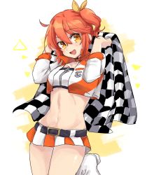 Rule 34 | 1girl, :d, alternate costume, belt, black belt, bow, checkered flag, collarbone, cowboy shot, fate/grand order, fate (series), flag, fujimaru ritsuka (female), groin, hair between eyes, hair bow, head tilt, jacket, leg up, long sleeves, looking at viewer, microskirt, multicolored clothes, multicolored skirt, navel, nm222, one side up, open clothes, open jacket, open mouth, orange eyes, orange hair, pleated skirt, race queen, short hair, sketch, skirt, smile, solo, standing, standing on one leg, white background, yellow bow