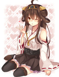Rule 34 | 10s, 1girl, ahoge, brown eyes, brown hair, detached sleeves, double bun, full body, hair bun, hairband, heart, kantai collection, kongou (kancolle), long hair, looking at viewer, nontraditional miko, one eye closed, pleated skirt, ribbon-trimmed sleeves, ribbon trim, shiromikan, sitting, skirt, solo, thighhighs, zettai ryouiki