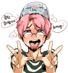 Rule 34 | 1boy, :p, ahegao, bad id, bad pixiv id, doppel (bonnypir), double v, glasses, hat, heart, heart-shaped pupils, male focus, park jinim (parkgee), pink hair, real life, shirt, simple background, solo, striped clothes, striped shirt, symbol-shaped pupils, tongue, tongue out, v, white background