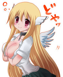 Rule 34 | 1girl, angel wings, artist request, astraea (sora no otoshimono), blonde hair, blush, breast hold, breasts, chain, cleavage, collar, female focus, head wings, large breasts, long hair, no bra, open clothes, red eyes, school uniform, shirt, simple background, skirt, smile, solo, sora no otoshimono, white background, white shirt, wings
