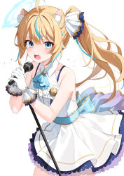 Rule 34 | 1girl, ahoge, animal ear fluff, animal ears, bare shoulders, belt, blonde hair, blue eyes, bra strap, collared dress, cowboy shot, dress, gloves, gold trim, halo, highres, holding, indie virtual youtuber, long hair, looking at viewer, microphone, microphone stand, multicolored hair, open mouth, shidou lio, side ponytail, simple background, sleeveless, sleeveless dress, solo, streaked hair, virtual youtuber, white background, white dress, white gloves, yon (letter)