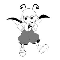 Rule 34 | antennae, buttons, cape, commentary, full body, hands on own hips, juliet sleeves, lineart, long sleeves, mary cagle, mary janes, monochrome, puffy pants, puffy sleeves, shirt, shoes, short hair, smile, socks, touhou, white shirt, wriggle nightbug