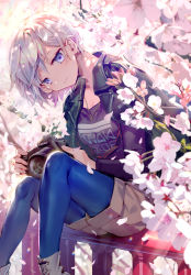 Rule 34 | 1girl, blue thighhighs, bracelet, breasts, camera, cherry blossoms, denim, eyebrows hidden by hair, fence, flower, holding, holding camera, jeans, jewelry, looking at viewer, mebaru, necklace, original, pants, purple eyes, short hair, shorts, smile, solo, thighhighs, white hair