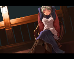 Rule 34 | 1girl, arms behind head, boots, chair, dark, dutch angle, eyebrows, closed eyes, letterboxed, maid, sleeping, solo, sun-3