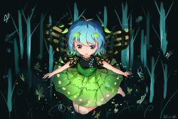 Rule 34 | 1girl, animal, antennae, aqua hair, artist name, barefoot, blush, brown eyes, bug, butterfly, dress, eternity larva, full body, green dress, hair between eyes, insect, leaf, leaf on head, multicolored clothes, multicolored dress, niromi, open mouth, short hair, short sleeves, signature, solo, teeth, touhou, upper teeth only